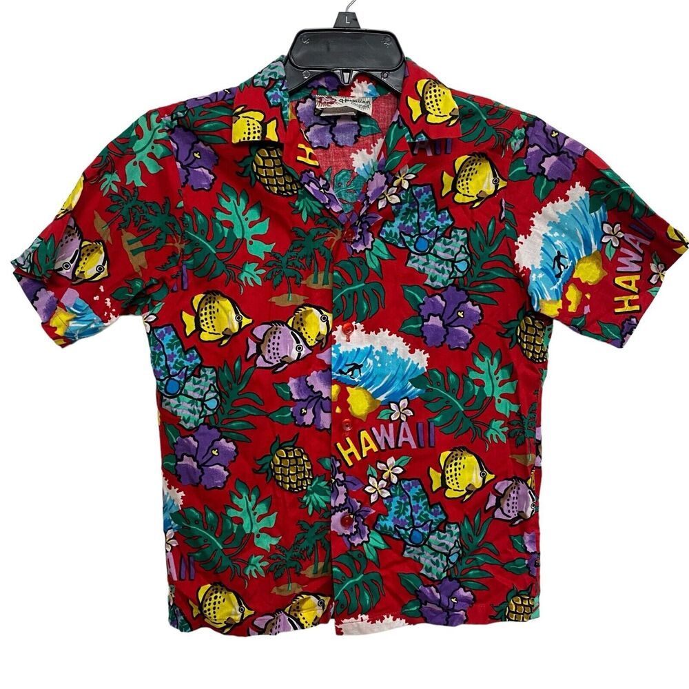 Hilo Hattie Boys Hawaiian Aloha Shirt Cotton Boys 14 Button Floral Fish Red Camp